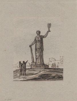 Friedrich Gilly, Freiheitsstatue, Feder in Schwarz-Braun, grau laviert auf Papier, 1797. Akademie der Künste, Berlin, ASPrAdK, Nr. 27. CC BY-NC-ND. Friedrich Gilly, Freiheitsstatue, Feder in Schwarz-Braun, grau laviert auf Papier, 1797. Akademie der Künste, Berlin, ASPrAdK, Nr. 27. CC BY-NC-ND.