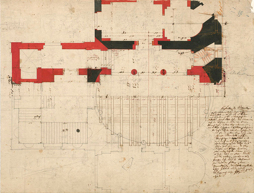 Martin Friedrich Rabe, Gebäude der Akademie der Künste. Grundriss und Konstruktion der Balkenlage, Feder, Bleistift und Wasserfarben, undatiert. Akademie der Künste, Berlin, ASPrAdK, Nr. 95. CC BY-NC-ND.