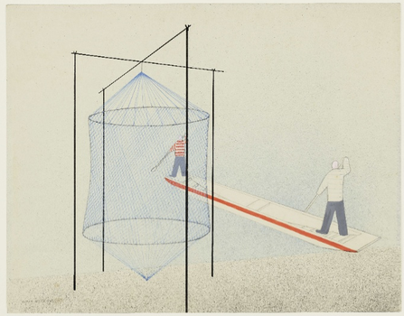 Oskar Nerlinger, Fischernetz und Kahn, Tempera und Spritztechnik über Bleistiftzeichnung, 1929-1930. Akademie der Künste, Berlin, Kunstsammlung, Inventar-Nr. Nerlinger 579. © S. Nerlinger. Rechte vorbehalten – Freier Zugang. Oskar Nerlinger, Fischernetz und Kahn, Tempera und Spritztechnik über Bleistiftzeichnung, 1929-1930. Akademie der Künste, Berlin, Kunstsammlung, Inventar-Nr. Nerlinger 579. © S. Nerlinger. Rechte vorbehalten – Freier Zugang.