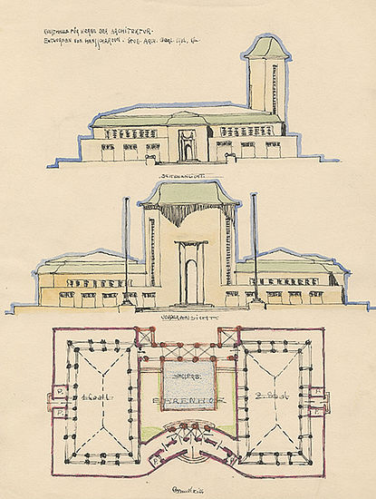 Hans Scharoun, Kunsthalle für Werke der Architektur, Tusche über Bleistift, Farbstift und Aquarell auf Papier, 1912. Akademie der Künste, Berlin, Hans-Scharoun-Archiv, Nr. 2186.