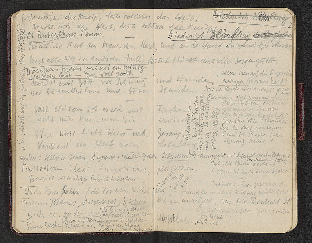 Heinrich Mann, Aufzeichnungen, u.a. Titelnotizen zum Roman Der Untertan im Notizbuch, um 1905/07, Heinrich-Mann-Archiv Nr. 0468_011 Heinrich Mann, Aufzeichnungen, u.a. Titelnotizen zum Roman Der Untertan im Notizbuch, um 1905/07, Heinrich-Mann-Archiv Nr. 0468_011