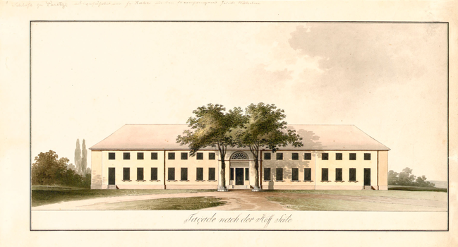 Friedrich Gilly, Entwurf für Schloss Paretz, Ansicht der Hofseite, Feder in Braun und Schwarz, aquarelliert, undatiert. Akademie der Künste, Berlin, ASPrAdK, Nr. 16. CC BY-NC-ND. Friedrich Gilly, Entwurf für Schloss Paretz, Ansicht der Hofseite, Feder in Braun und Schwarz, aquarelliert, undatiert. Akademie der Künste, Berlin, ASPrAdK, Nr. 16. CC BY-NC-ND.