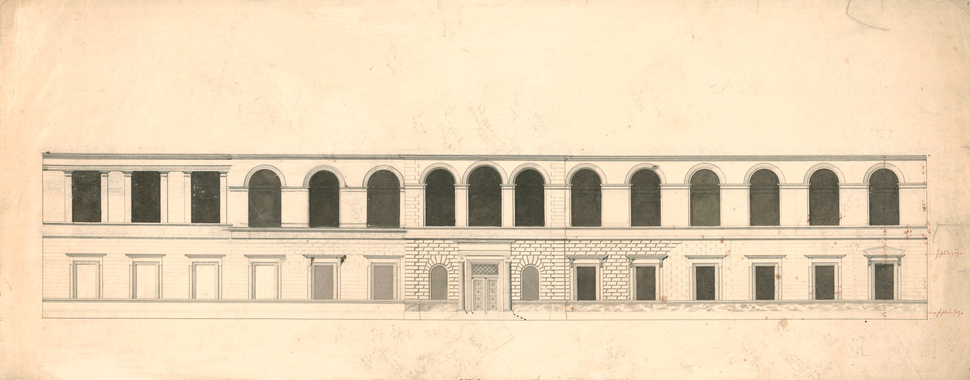 Martin Friedrich Rabe, Gebäude der Akademie der Künste, Fassadenansicht der Hofseite, Feder, Bleistift und Wasserfarbe auf Papier, ca. 1818. Akademie der Künste, Berlin, ASPrAdK, Nr. 73. CC BY-NC-ND.