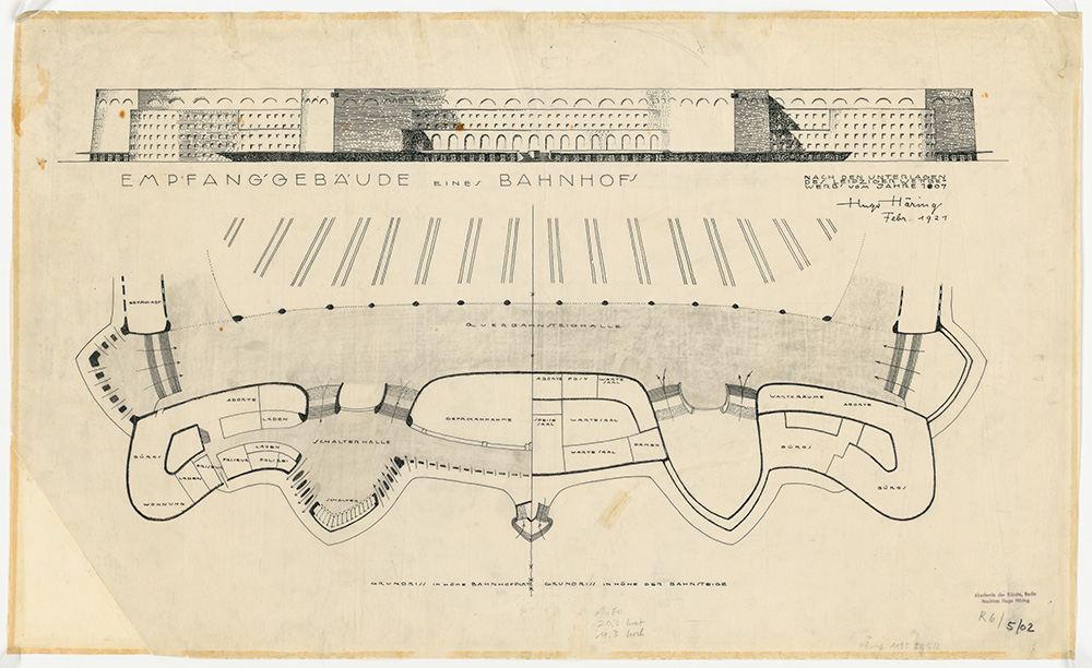 Hugo Häring, Empfangsgebäude für den Hauptbahnhof Leipzig, Studie nach einem Wettbewerb von 1907-1911. Akademie der Künste, Berlin, Hugo-Häring-Archiv, Nr. 1195, Bl. 5/2, © VG Bild-Kunst, Bonn 2022