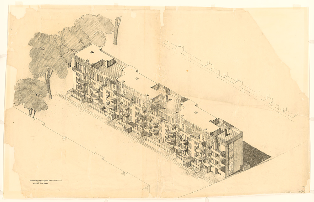 Hugo Häring, Berlin-Charlottenburg, Goebelstraße, Großsiedlung Siemensstadt, Perspektive Block 8 b-g, 1929/30. Akademie der Künste, Berlin, Hugo-Häring-Archiv, Nr. 1232, Bl. 43/4, © VG Bild-Kunst, Bonn 2022