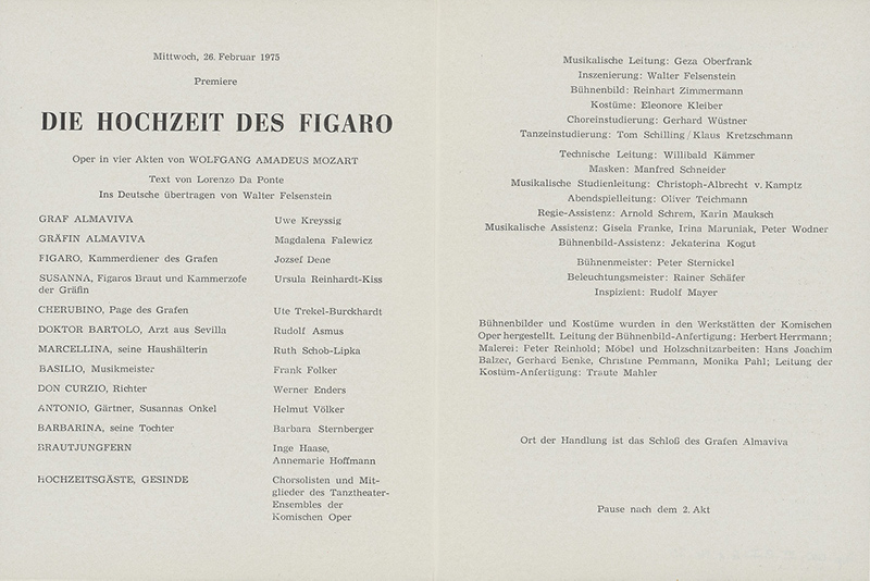Premierenbesetzungszettel Die Hochzeit des Figaro von Wolfang Amadeus Mozart, Komische Oper Berlin 1975. Akademie der Künste, Berlin, Walter-Felsenstein-Archiv, Nr. 1964