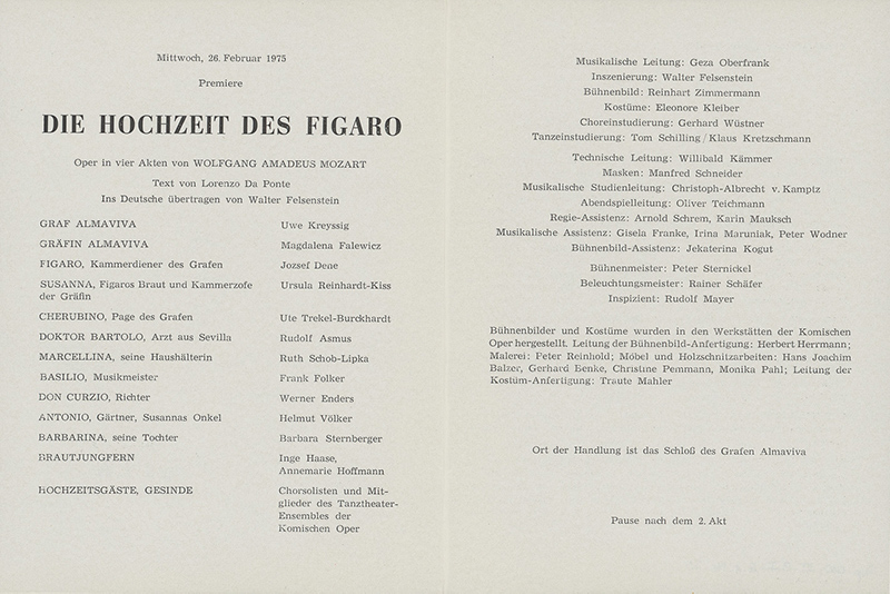 Premierenbesetzungszettel Die Hochzeit des Figaro von Wolfang Amadeus Mozart, Komische Oper Berlin 1975. Akademie der Künste, Berlin, Walter-Felsenstein-Archiv, Nr. 1964 Premierenbesetzungszettel Die Hochzeit des Figaro von Wolfang Amadeus Mozart, Komische Oper Berlin 1975. Akademie der Künste, Berlin, Walter-Felsenstein-Archiv, Nr. 1964