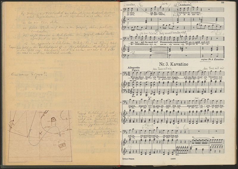 Kavatine Figaro, aus: Die Hochzeit des Figaro von Wolfgang Amadeus Mozart, mit handschriftlicher Ergänzung der Textfassung Walter Felsensteins Kavatine Figaro, aus: Die Hochzeit des Figaro von Wolfgang Amadeus Mozart, mit handschriftlicher Ergänzung der Textfassung Walter Felsensteins, Regieanweisungen und Bühnengrundrissen, eingerichtet von Arnold Schrem, Edition Peters, Leipzig o. J., Fassung Georg Schünemann. Akademie der Künste, Berlin, Walter-Felsenstein-Archiv, Nr. 2017 © Walter Felsenstein Erbengemeinschaft, C.F. Peters Ltd & Co KG